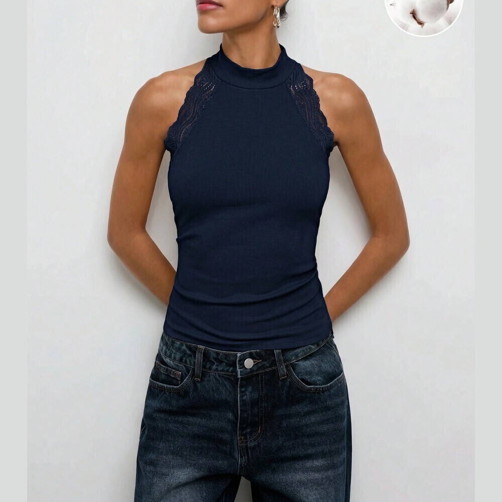 Navy Ribbed Knit Lace Trim Mock Neck Halter Tank Top